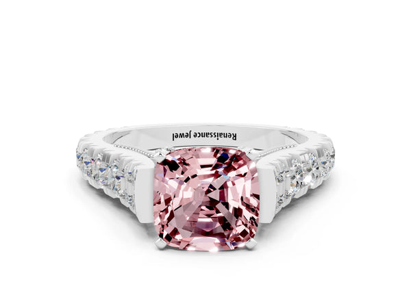 Platinum Cushion Cut Morganite Classic Solitaire Ring with Pavé Band and Four-Prong Setting