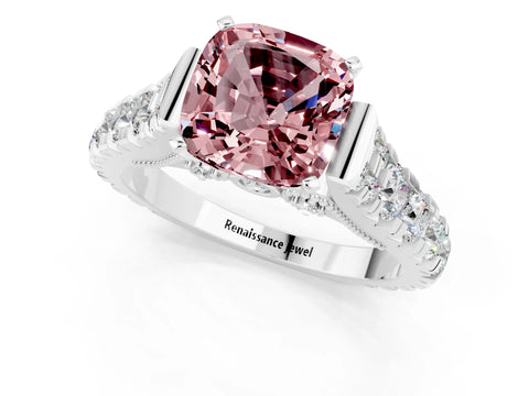 White gold Cushion Cut Morganite Classic Solitaire Ring with Pavé Band and Four-Prong Setting_1