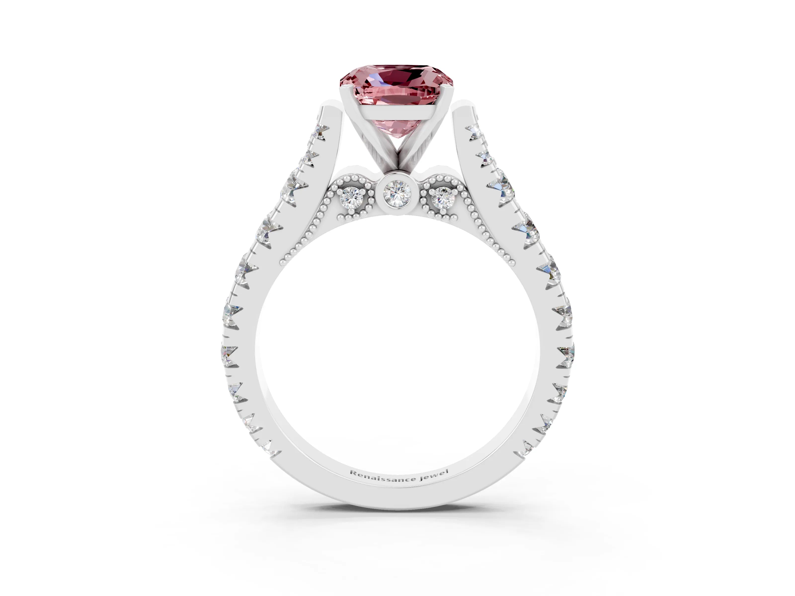 White gold Cushion Cut Morganite Classic Solitaire Ring with Pavé Band and Four-Prong Setting_3