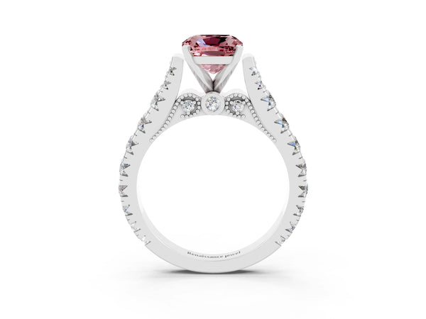 White gold Cushion Cut Morganite Classic Solitaire Ring with Pavé Band and Four-Prong Setting