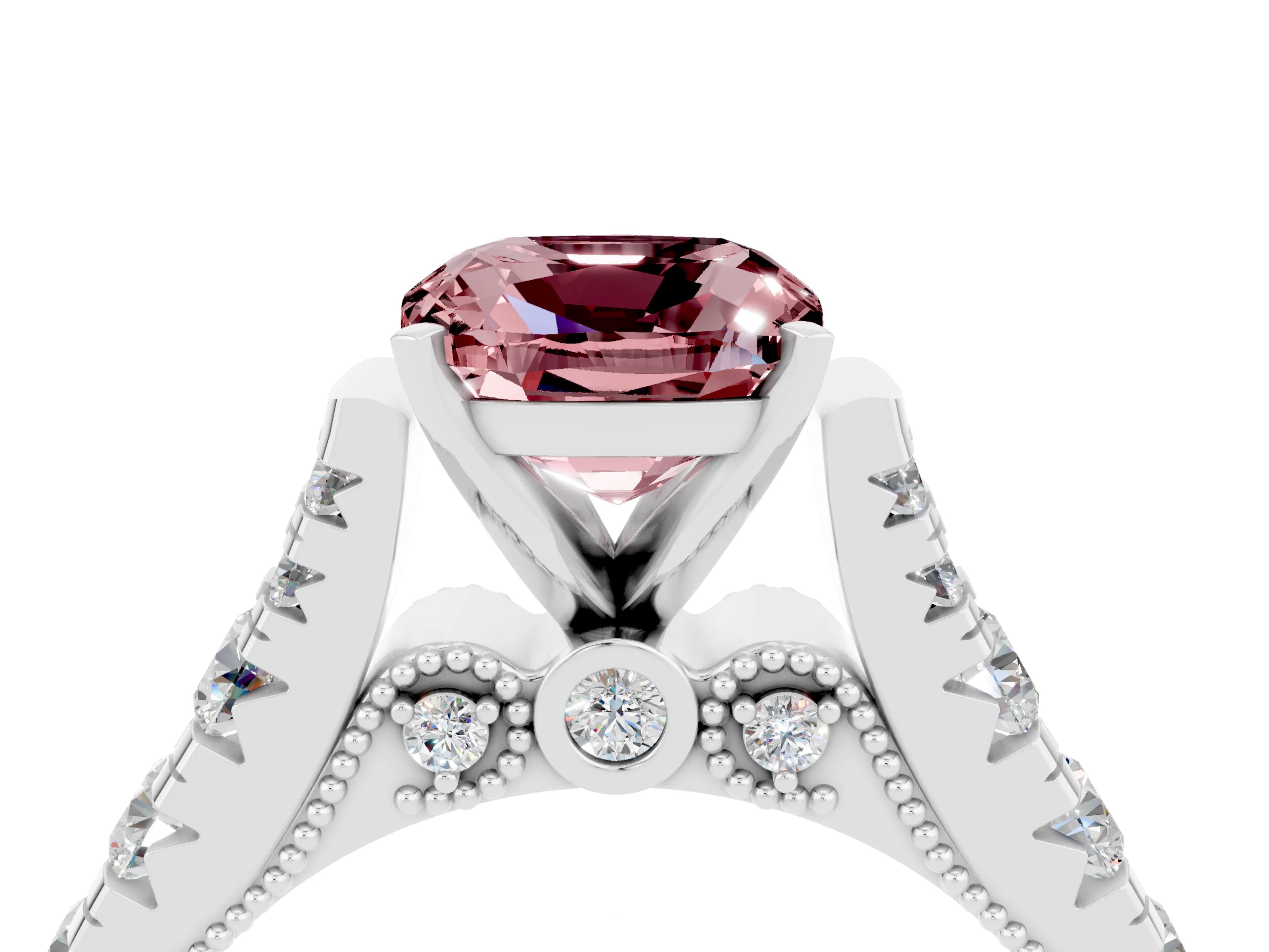 White gold Cushion Cut Morganite Classic Solitaire Ring with Pavé Band and Four-Prong Setting_4