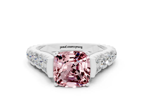 White gold Cushion Cut Morganite Classic Solitaire Ring with Pavé Band and Four-Prong Setting