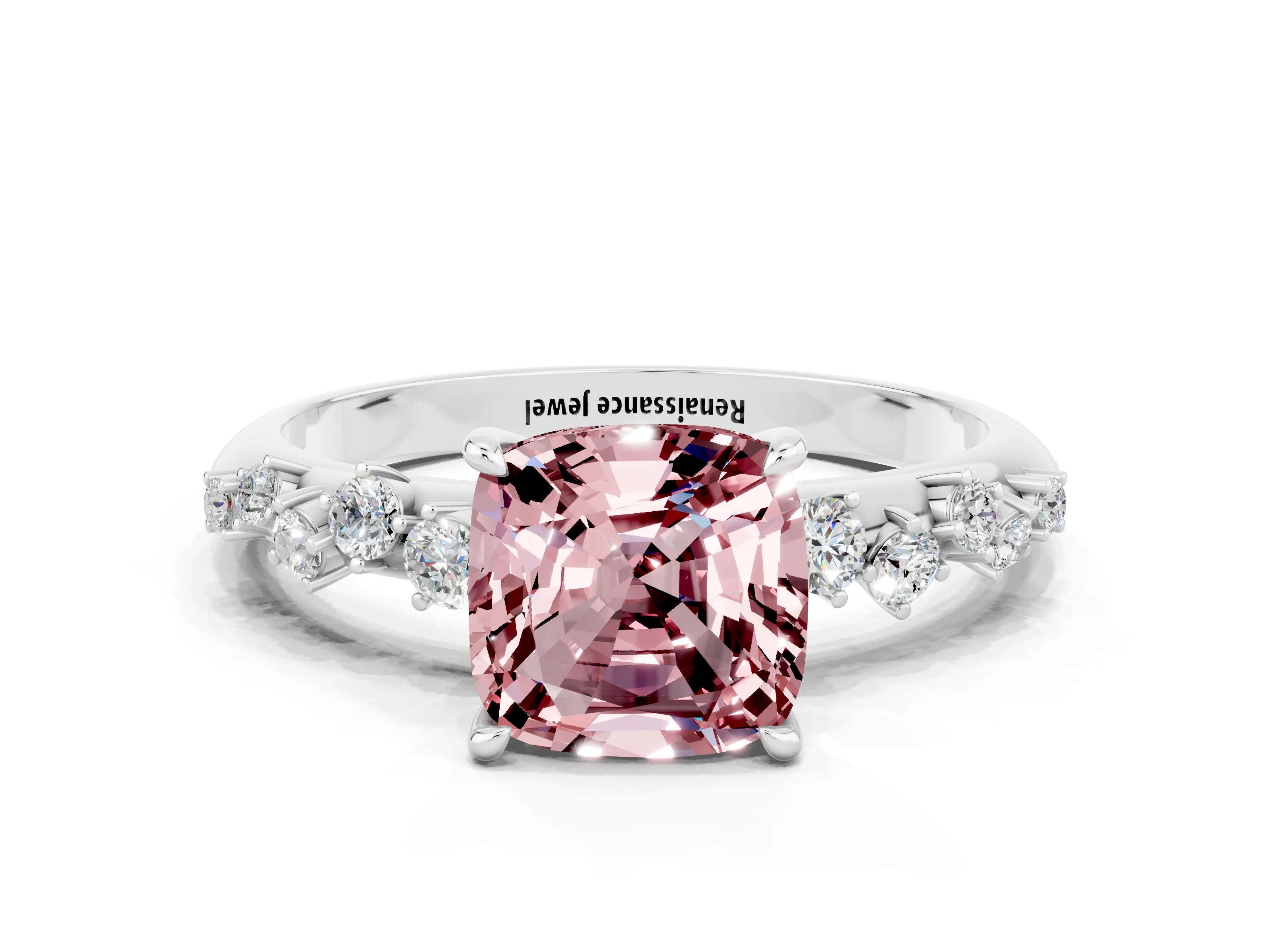 White gold Cushion Cut Morganite Cluster Side Stone Solitaire Ring with Prong Setting_24