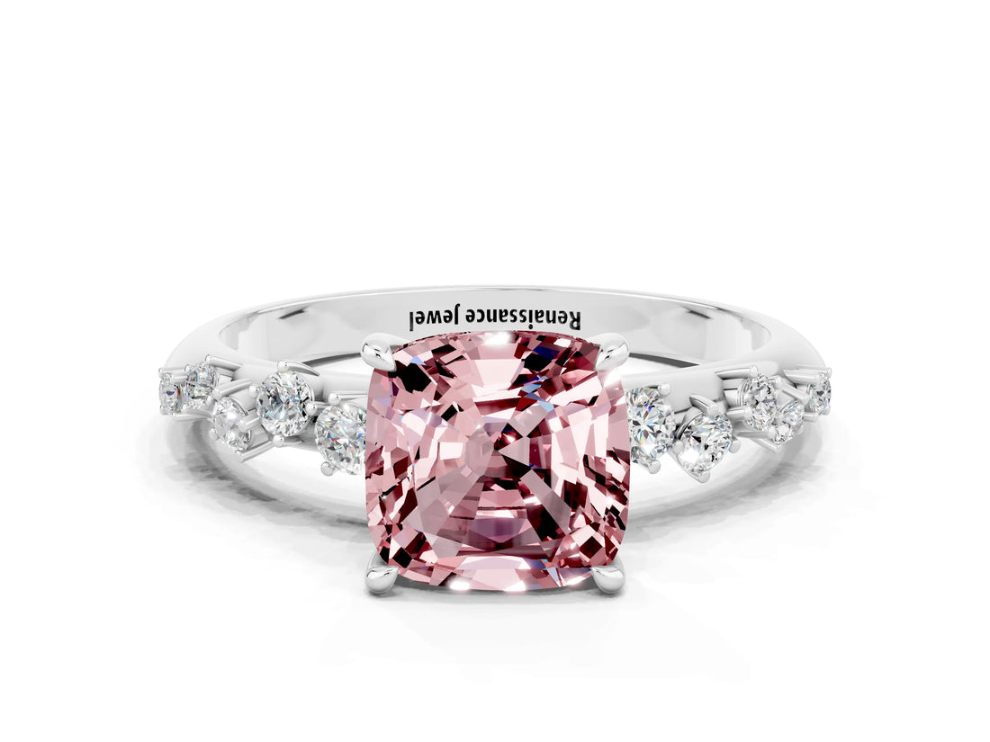 White gold Cushion Cut Morganite Cluster Side Stone Solitaire Ring with Prong Setting_24