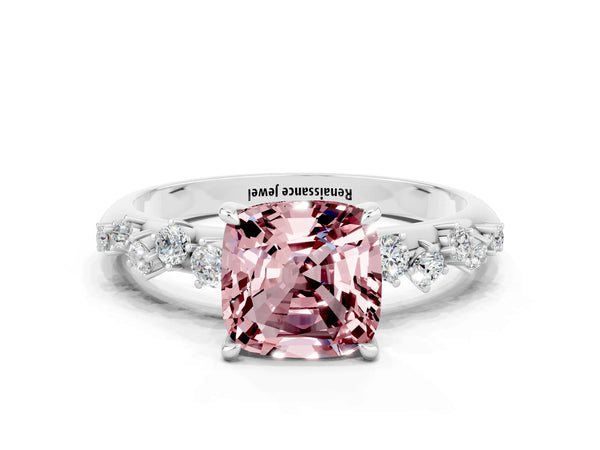 White gold Cushion Cut Morganite Cluster Side Stone Solitaire Ring with Prong Setting