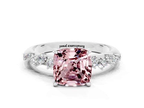 White gold Cushion Cut Morganite Cluster Side Stone Solitaire Ring with Prong Setting_24