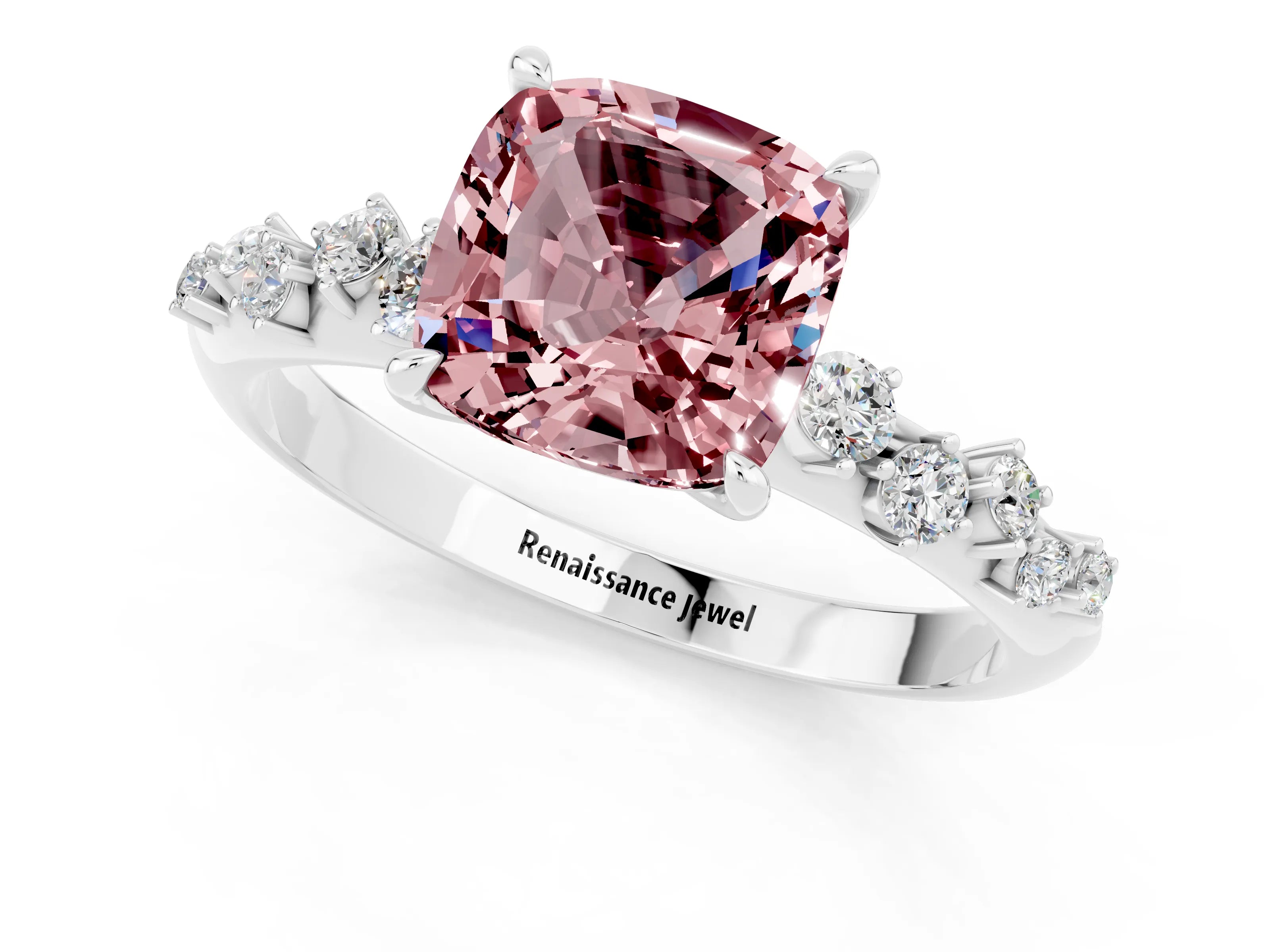 White gold Cushion Cut Morganite Cluster Side Stone Solitaire Ring with Prong Setting_25