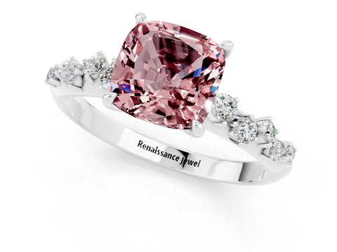 White gold Cushion Cut Morganite Cluster Side Stone Solitaire Ring with Prong Setting_25