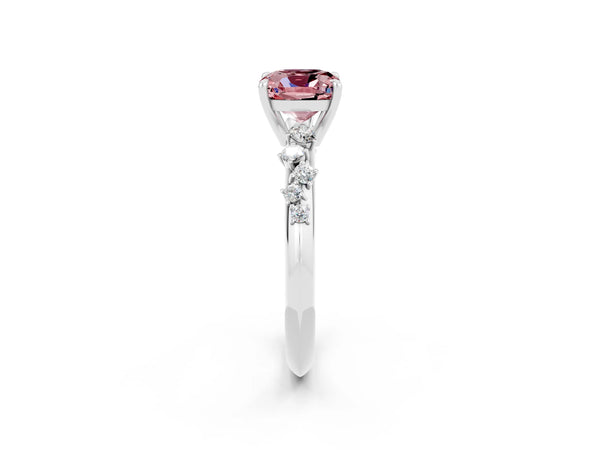 Platinum Cushion Cut Morganite Cluster Side Stone Solitaire Ring with Prong Setting