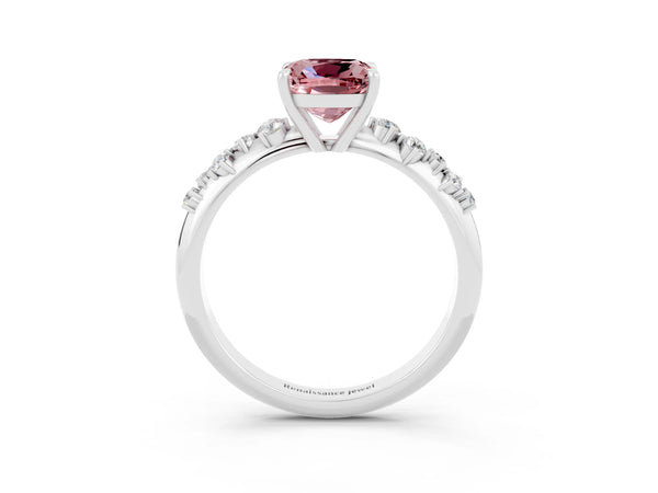 White gold Cushion Cut Morganite Cluster Side Stone Solitaire Ring with Prong Setting