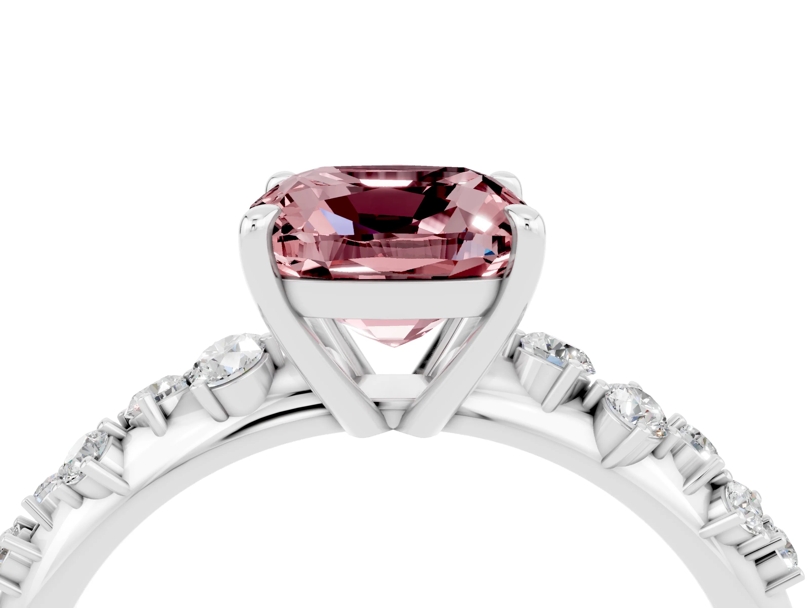 White gold Cushion Cut Morganite Cluster Side Stone Solitaire Ring with Prong Setting_28