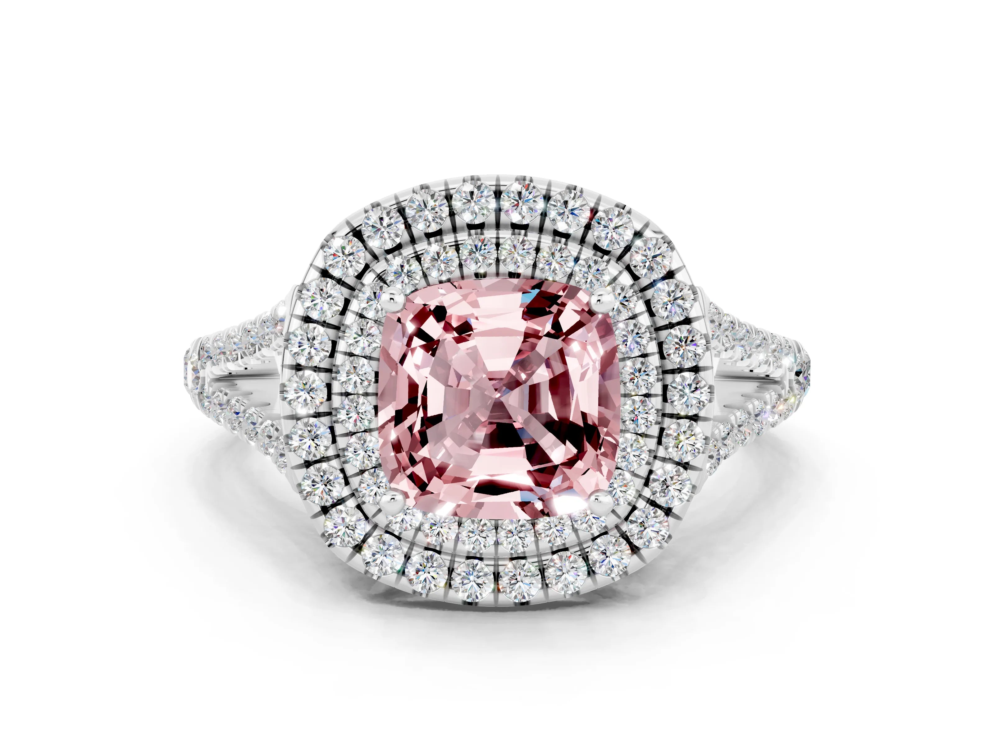 White gold Cushion Cut Morganite Double Halo Ring with Pavé Band and Prong Setting_12