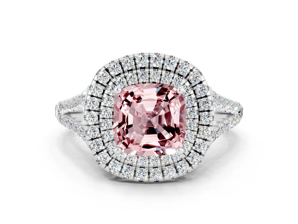 White gold Cushion Cut Morganite Double Halo Ring with Pavé Band and Prong Setting