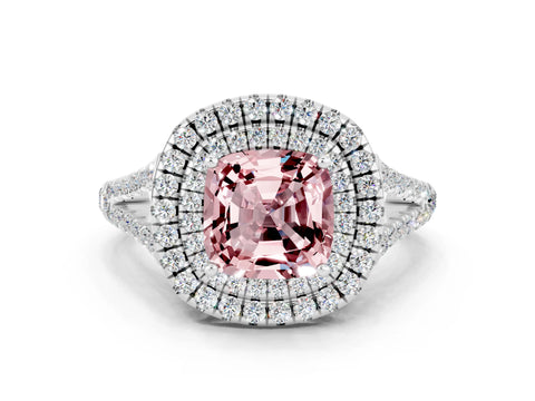 White gold Cushion Cut Morganite Double Halo Ring with Pavé Band and Prong Setting_12