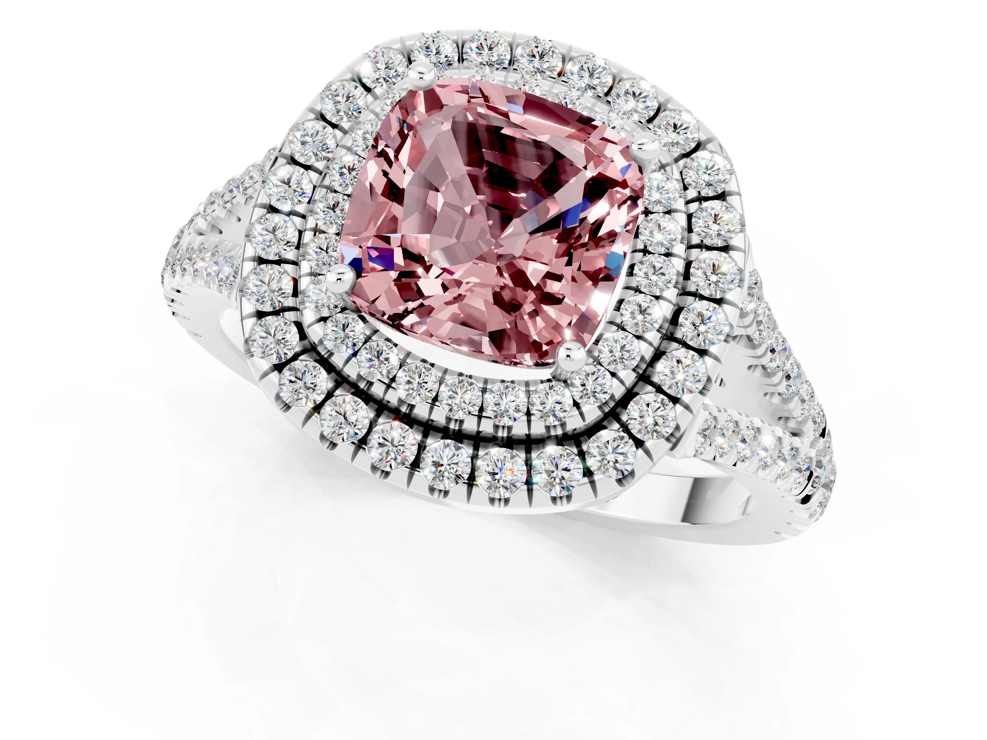 White gold Cushion Cut Morganite Double Halo Ring with Pavé Band and Prong Setting_13