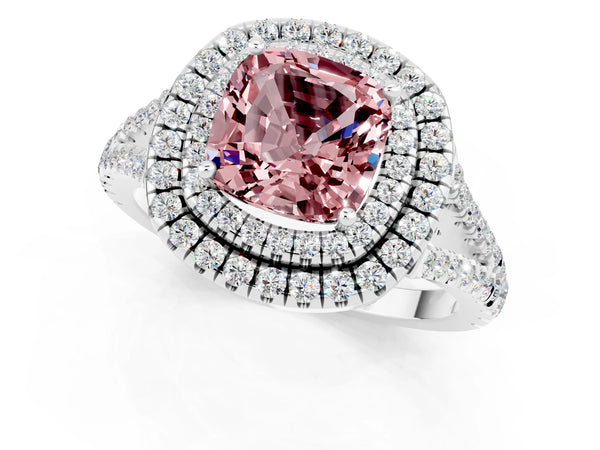 Silver Cushion Cut Morganite Double Halo Ring with Pavé Band and Prong Setting