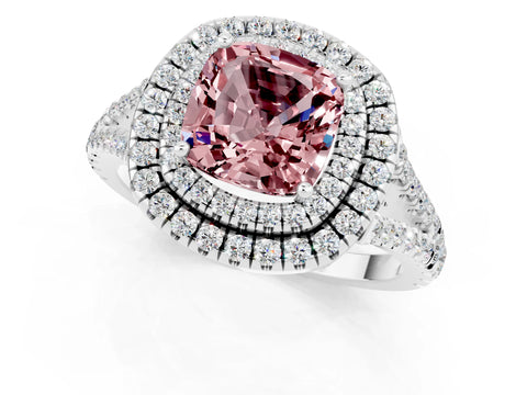 White gold Cushion Cut Morganite Double Halo Ring with Pavé Band and Prong Setting_13