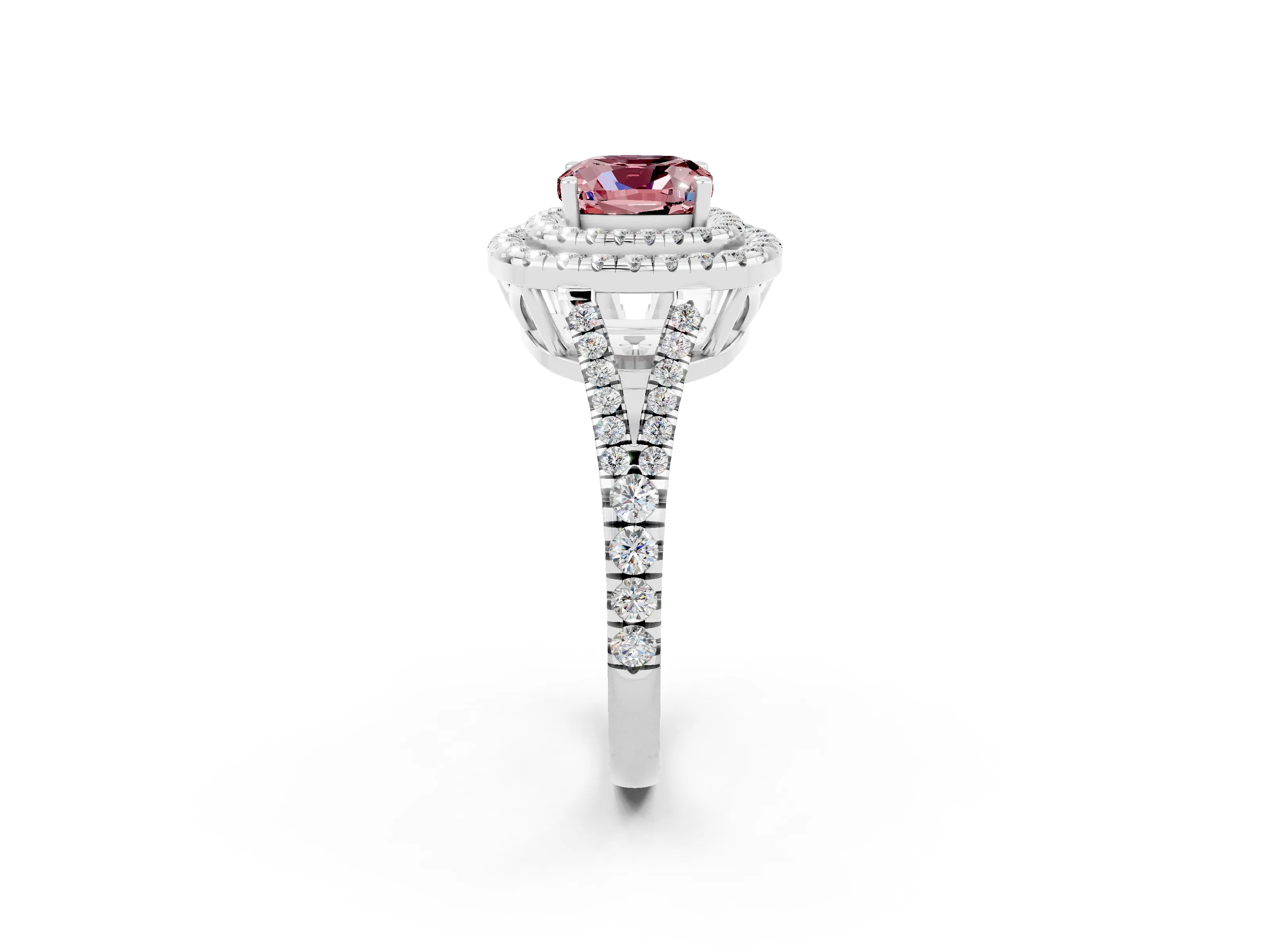 White gold Cushion Cut Morganite Double Halo Ring with Pavé Band and Prong Setting_14
