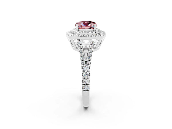 Platinum Cushion Cut Morganite Double Halo Ring with Pavé Band and Prong Setting