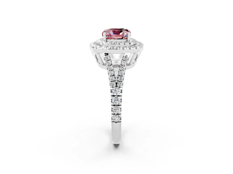 White gold Cushion Cut Morganite Double Halo Ring with Pavé Band and Prong Setting_14