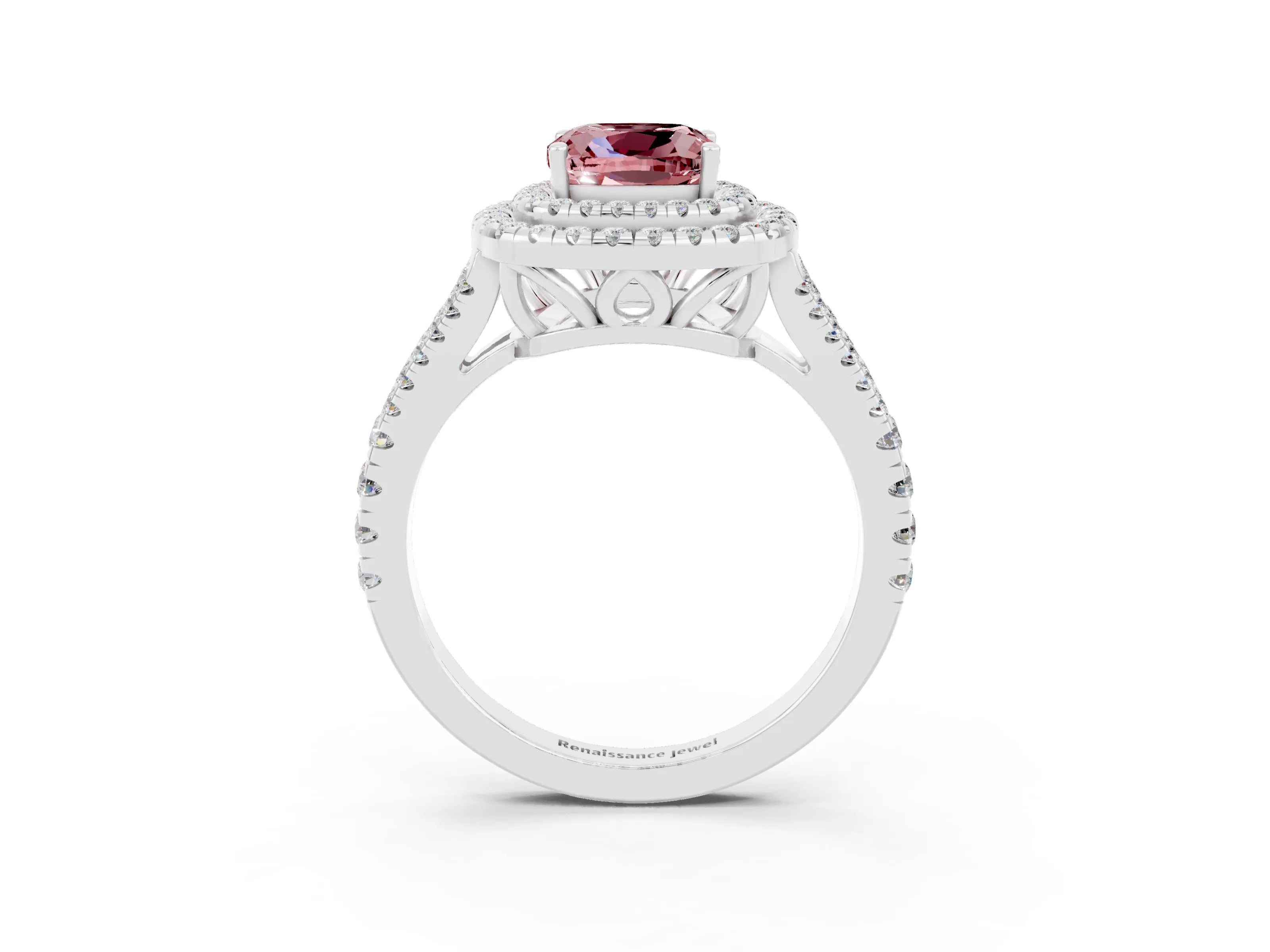White gold Cushion Cut Morganite Double Halo Ring with Pavé Band and Prong Setting_15