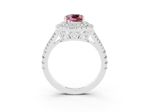 White gold Cushion Cut Morganite Double Halo Ring with Pavé Band and Prong Setting_15