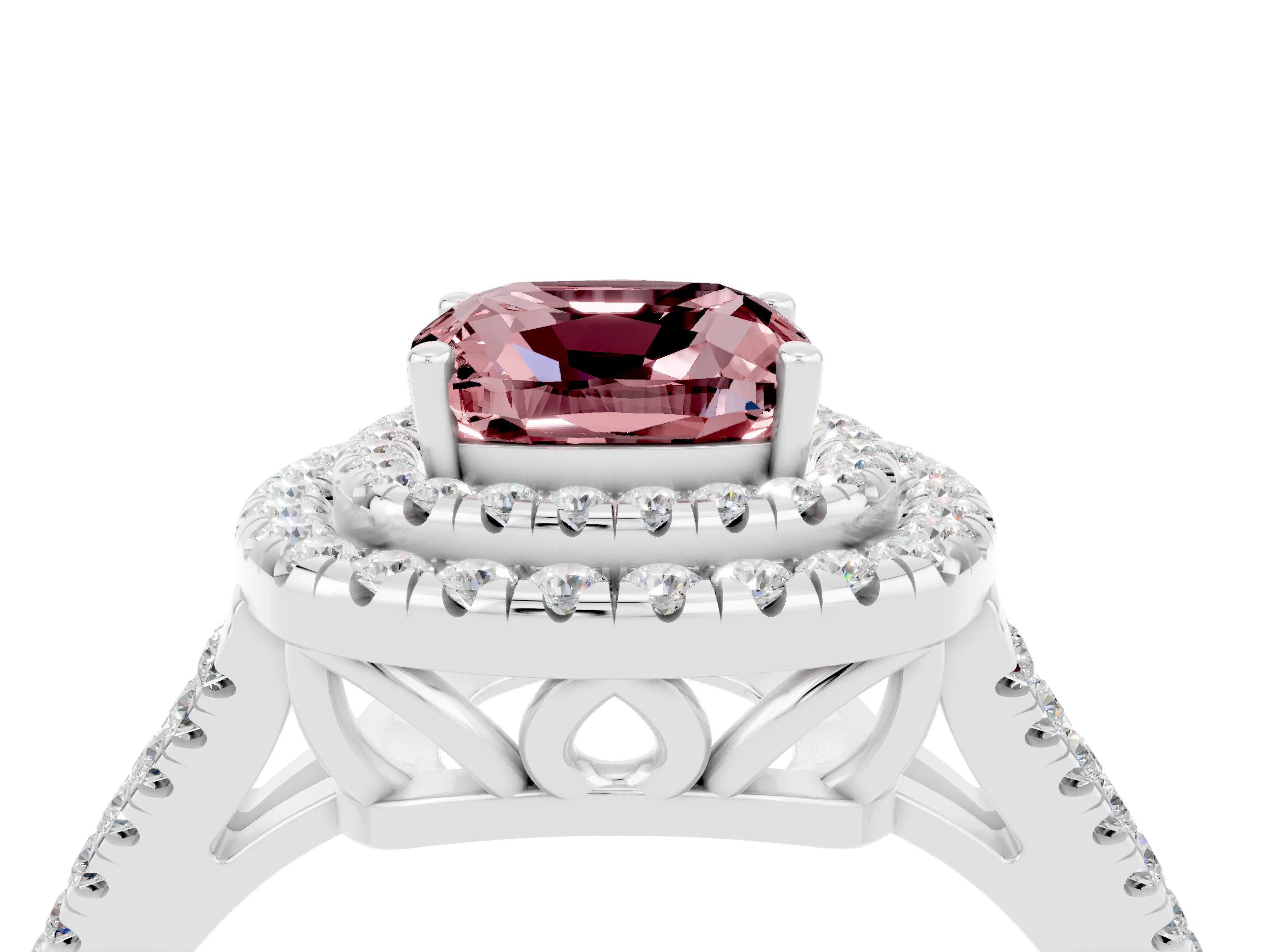 White gold Cushion Cut Morganite Double Halo Ring with Pavé Band and Prong Setting_16