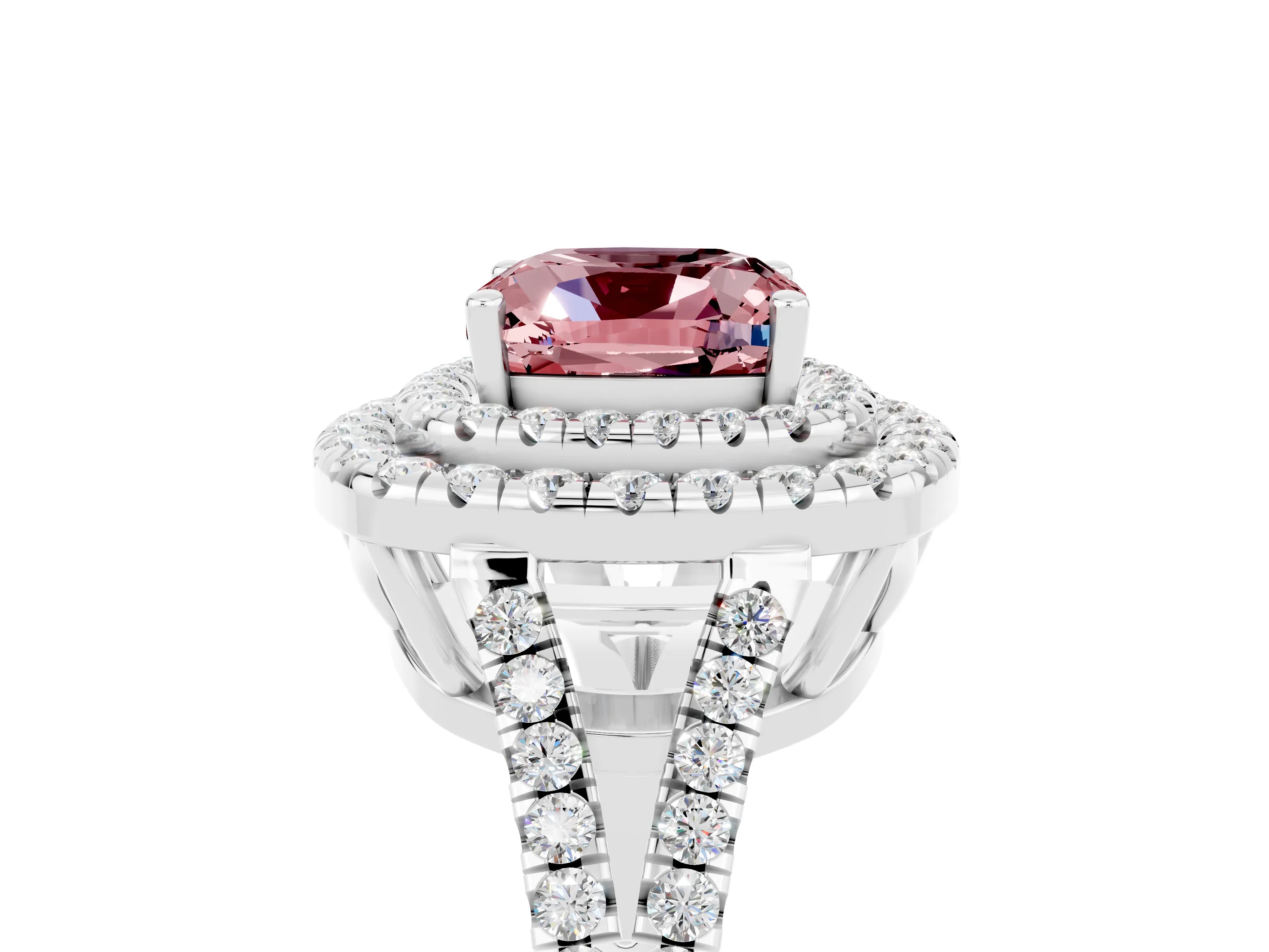 White gold Cushion Cut Morganite Double Halo Ring with Pavé Band and Prong Setting_17
