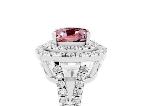 White gold Cushion Cut Morganite Double Halo Ring with Pavé Band and Prong Setting_17