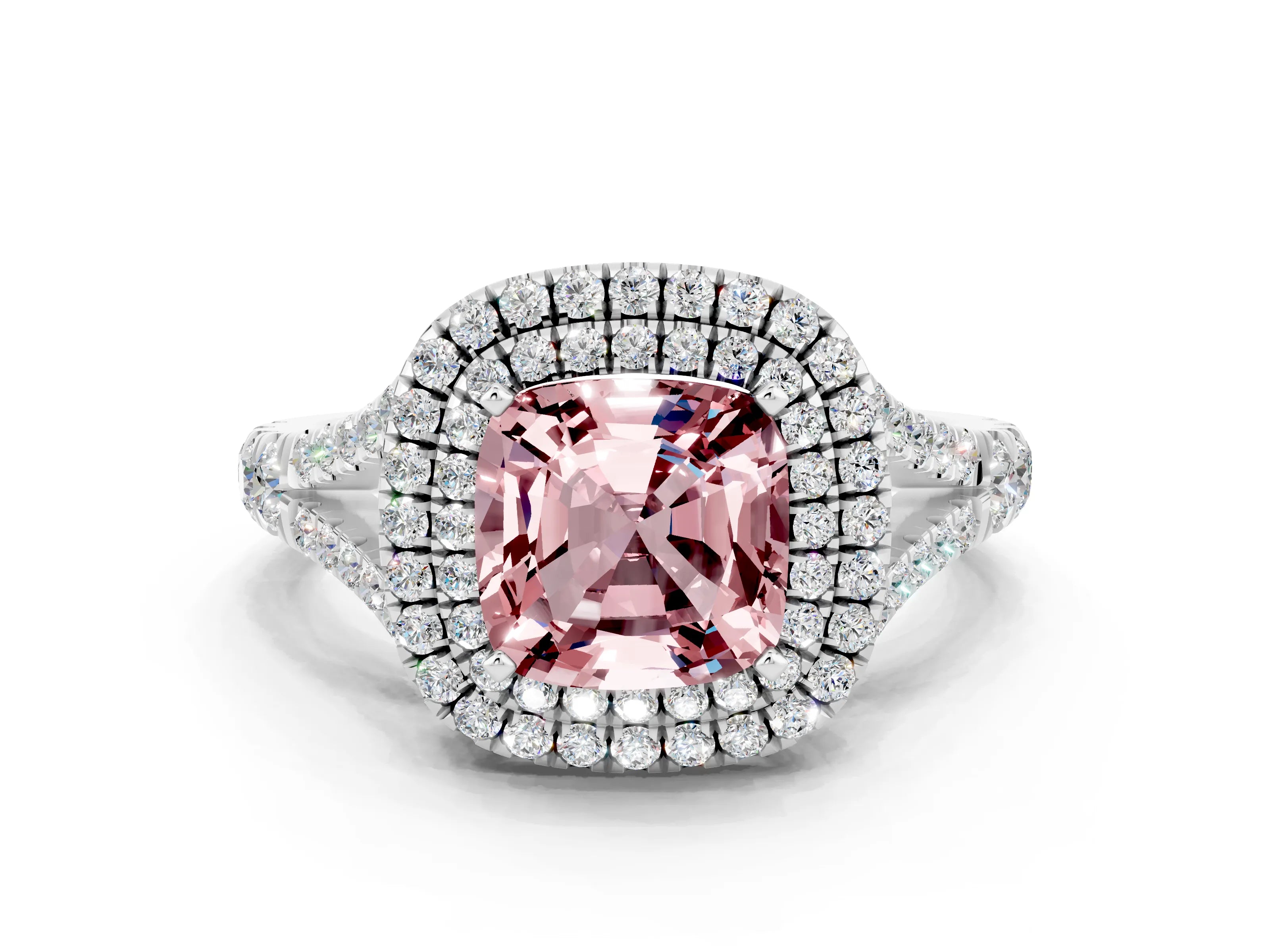 White gold Cushion Cut Morganite Double Halo Ring with Split Shank and Prong Setting_12