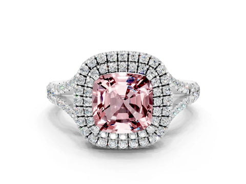 White gold Cushion Cut Morganite Double Halo Ring with Split Shank and Prong Setting_12