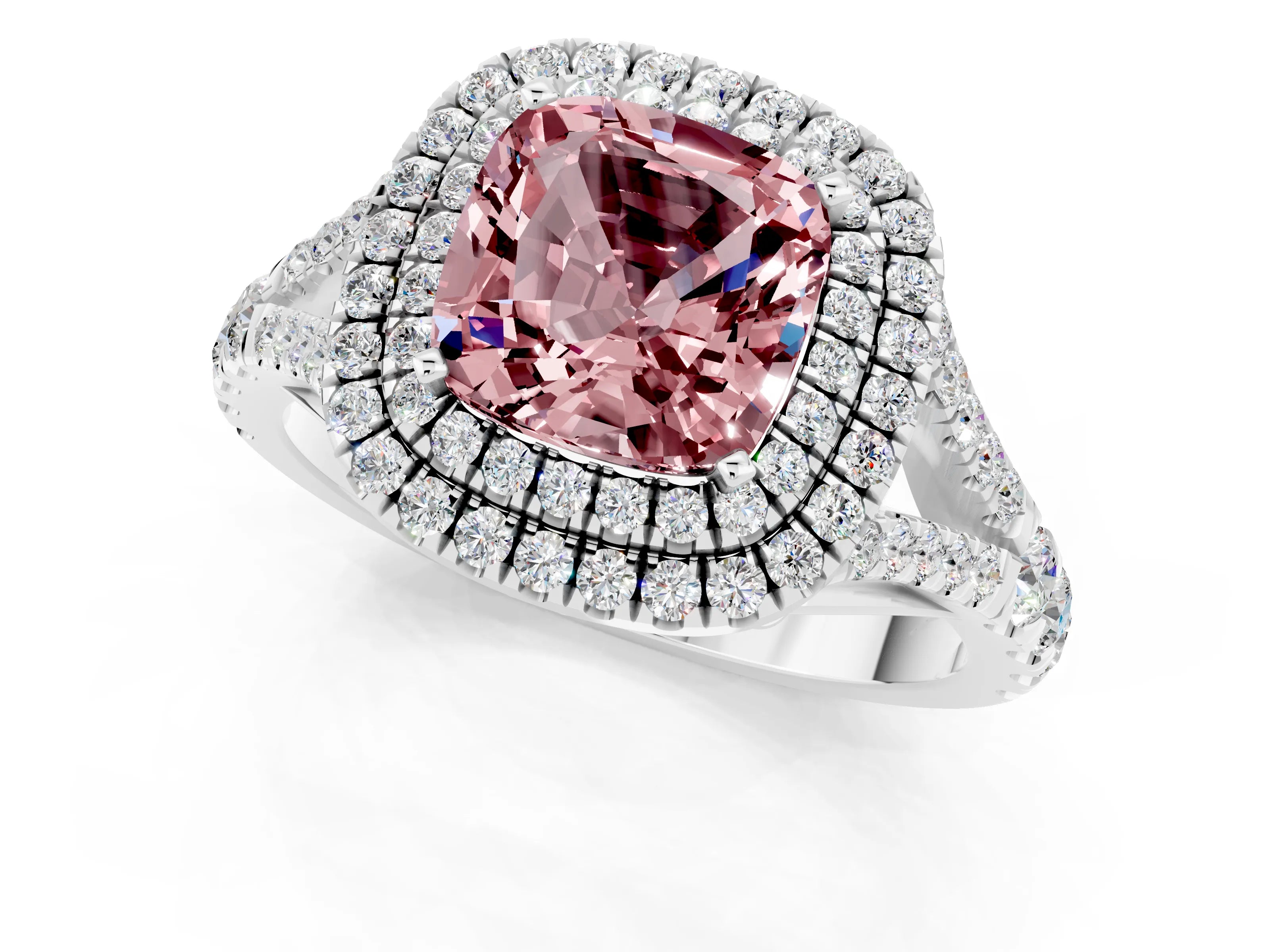 White gold Cushion Cut Morganite Double Halo Ring with Split Shank and Prong Setting_13