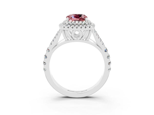 Platinum Cushion Cut Morganite Double Halo Ring with Split Shank and Prong Setting