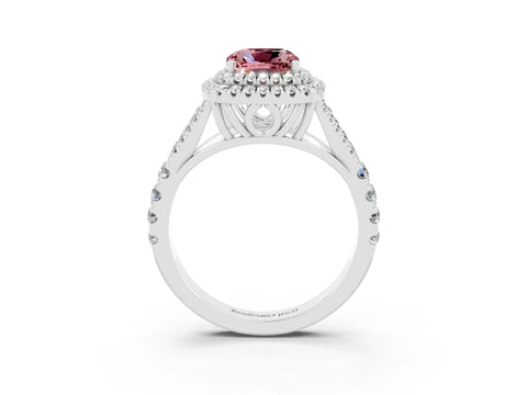 White gold Cushion Cut Morganite Double Halo Ring with Split Shank and Prong Setting_15