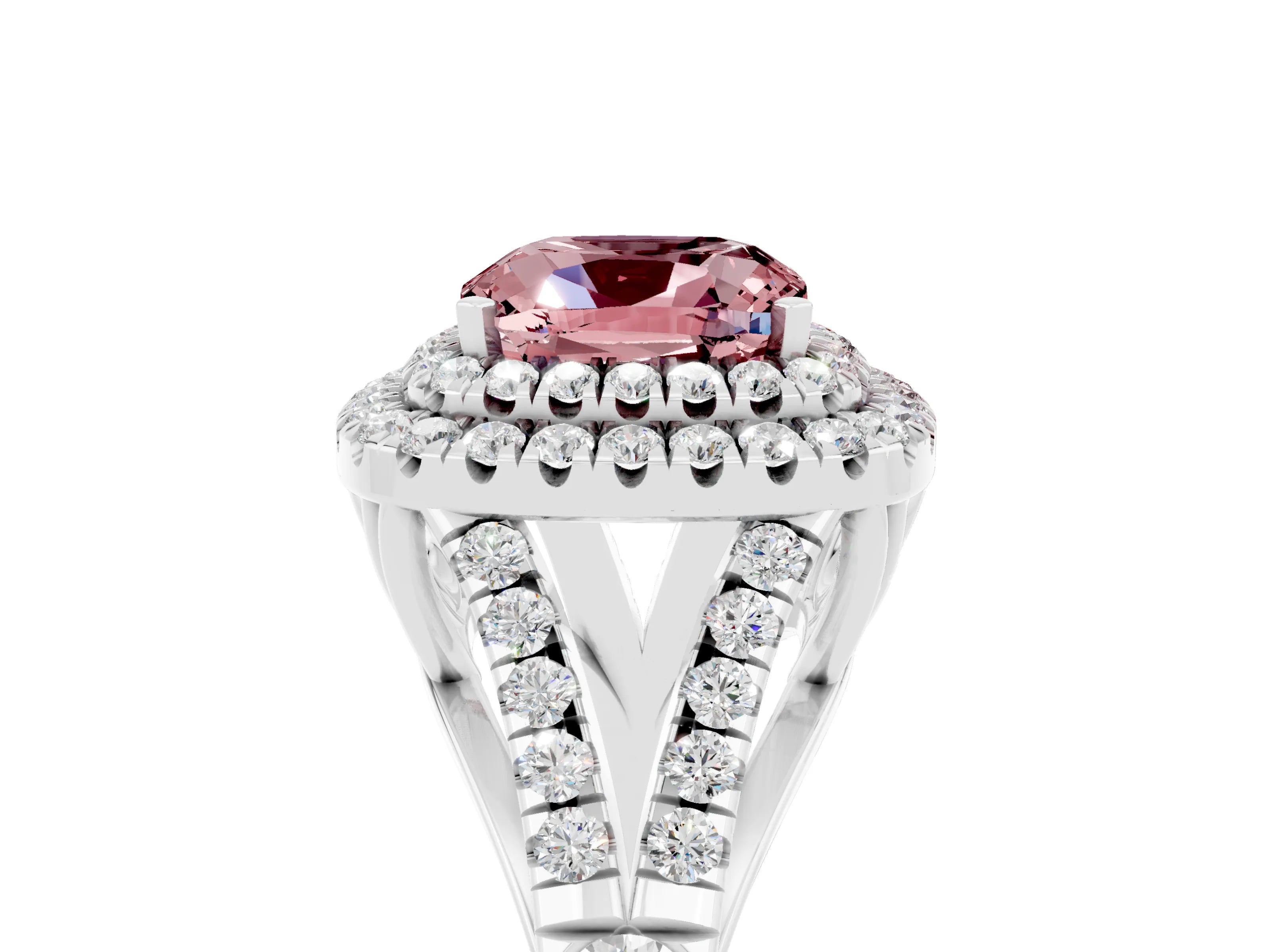 White gold Cushion Cut Morganite Double Halo Ring with Split Shank and Prong Setting_17