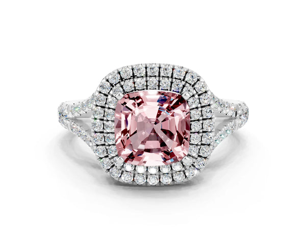 White gold Cushion Cut Morganite Double Halo Ring with Split Shank and Prong Setting