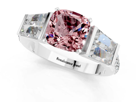 White gold Cushion Cut Morganite Engagement Ring with Baguette Side Stones and Channel Set Band_1