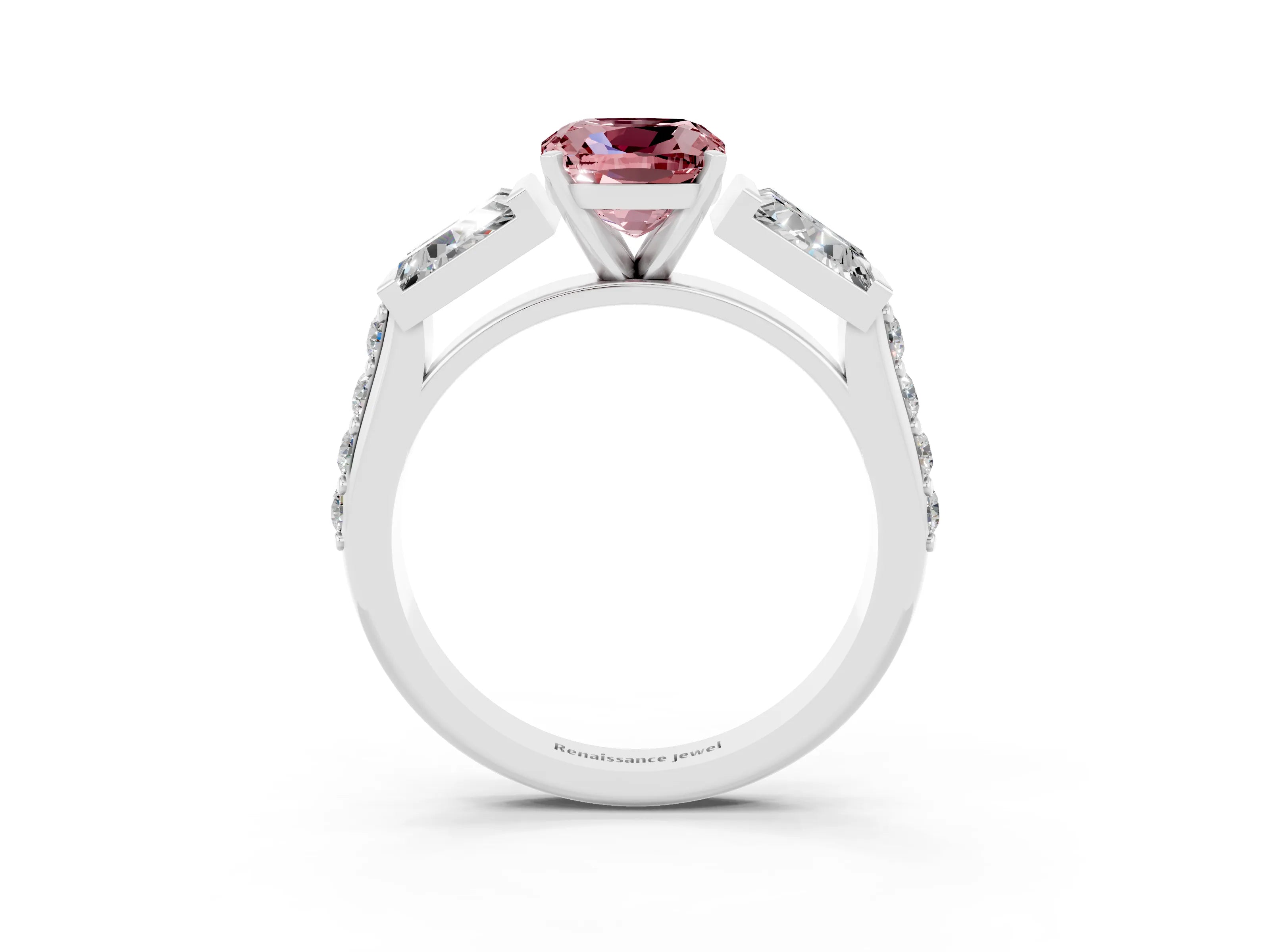 White gold Cushion Cut Morganite Engagement Ring with Baguette Side Stones and Channel Set Band_3