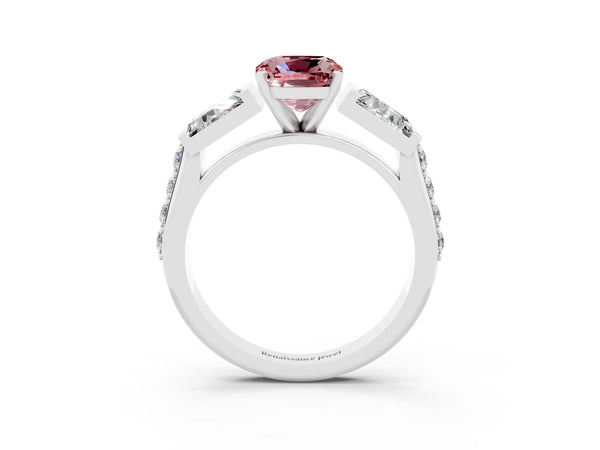 Silver Cushion Cut Morganite Engagement Ring with Baguette Side Stones and Channel Set Band