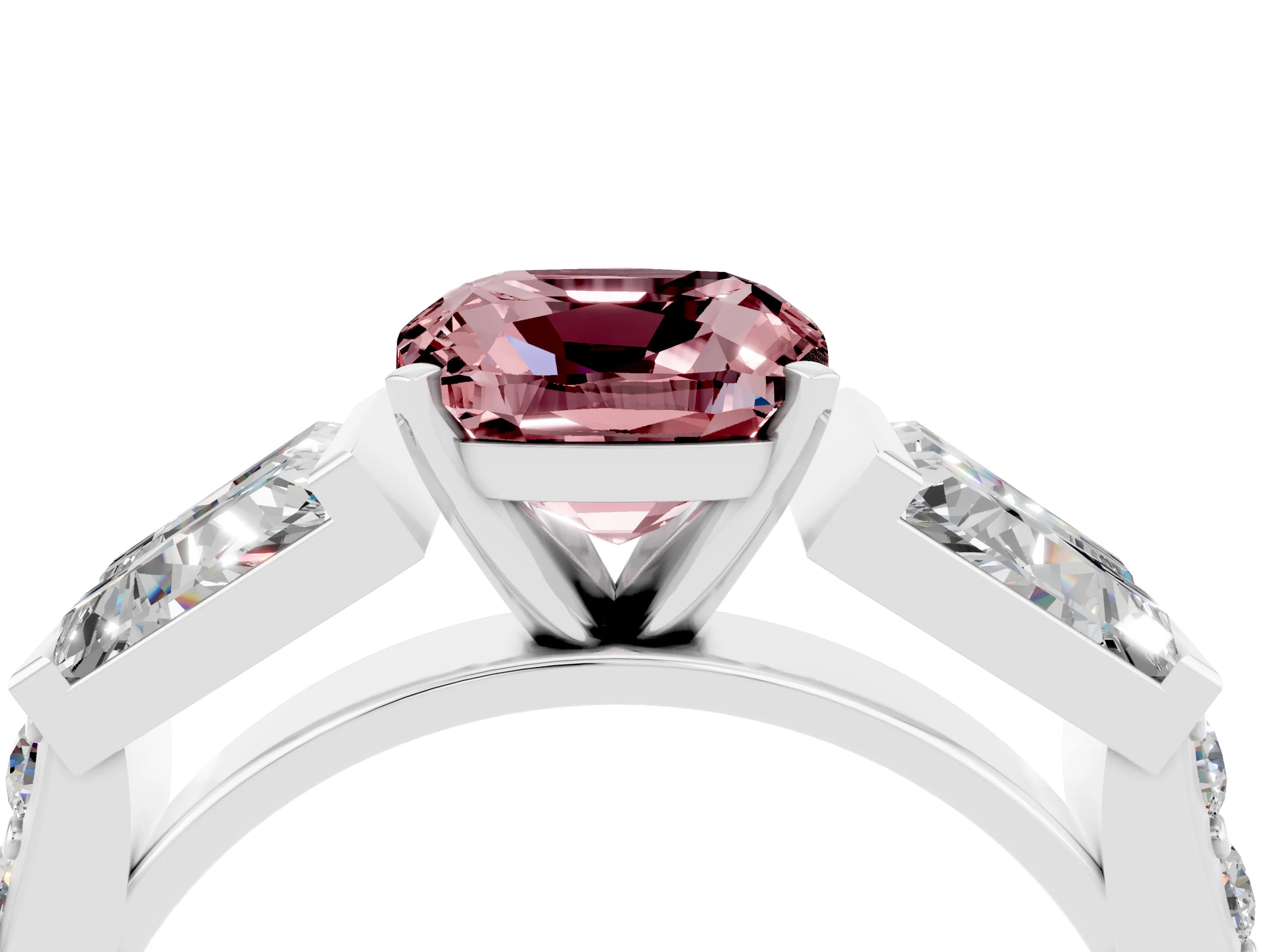 White gold Cushion Cut Morganite Engagement Ring with Baguette Side Stones and Channel Set Band_4