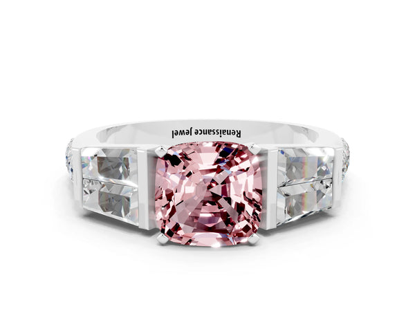 Silver Cushion Cut Morganite Engagement Ring with Baguette Side Stones and Channel Set Band