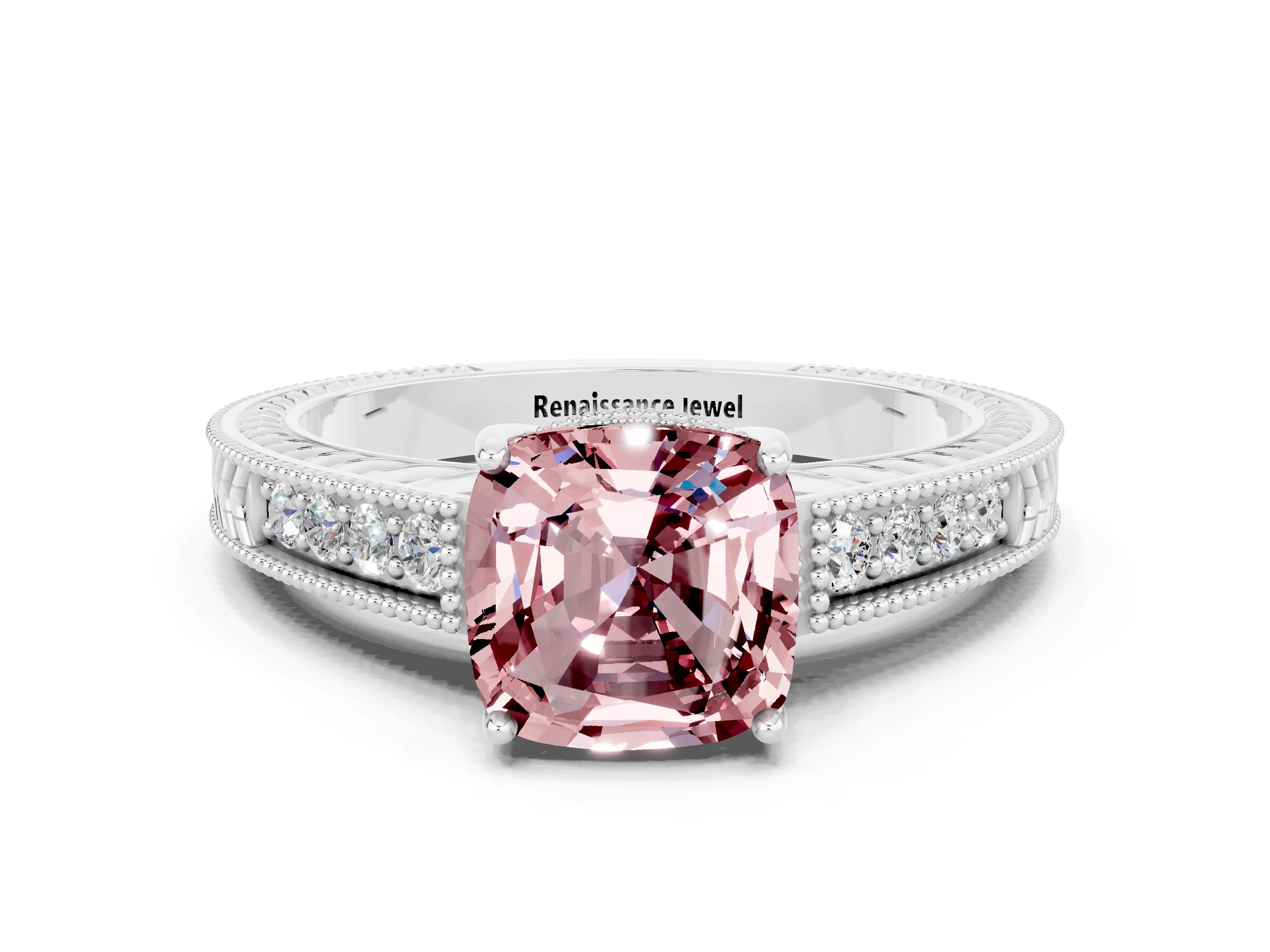 White gold Cushion Cut Morganite Engagement Ring with Milgrain Channel Set Band and Prong Setting