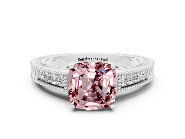 Platinum Cushion Cut Morganite Engagement Ring with Milgrain Channel Set Band and Prong Setting