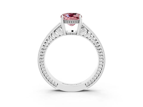 White gold Cushion Cut Morganite Engagement Ring with Milgrain Channel Set Band and Prong Setting_3