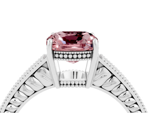 White gold Cushion Cut Morganite Engagement Ring with Milgrain Channel Set Band and Prong Setting_4