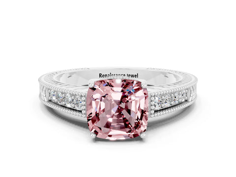 White gold Cushion Cut Morganite Engagement Ring with Milgrain Channel Set Band and Prong Setting