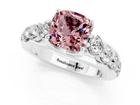 White gold Cushion Cut Morganite Engagement Ring with Pavé Band and Four-Prong Setting_1