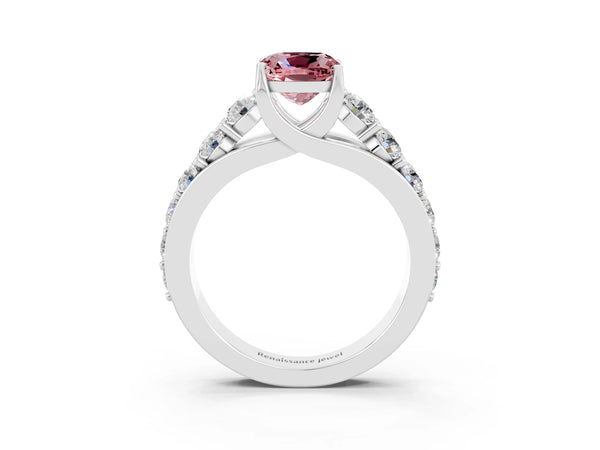 Platinum Cushion Cut Morganite Engagement Ring with Pavé Band and Four-Prong Setting