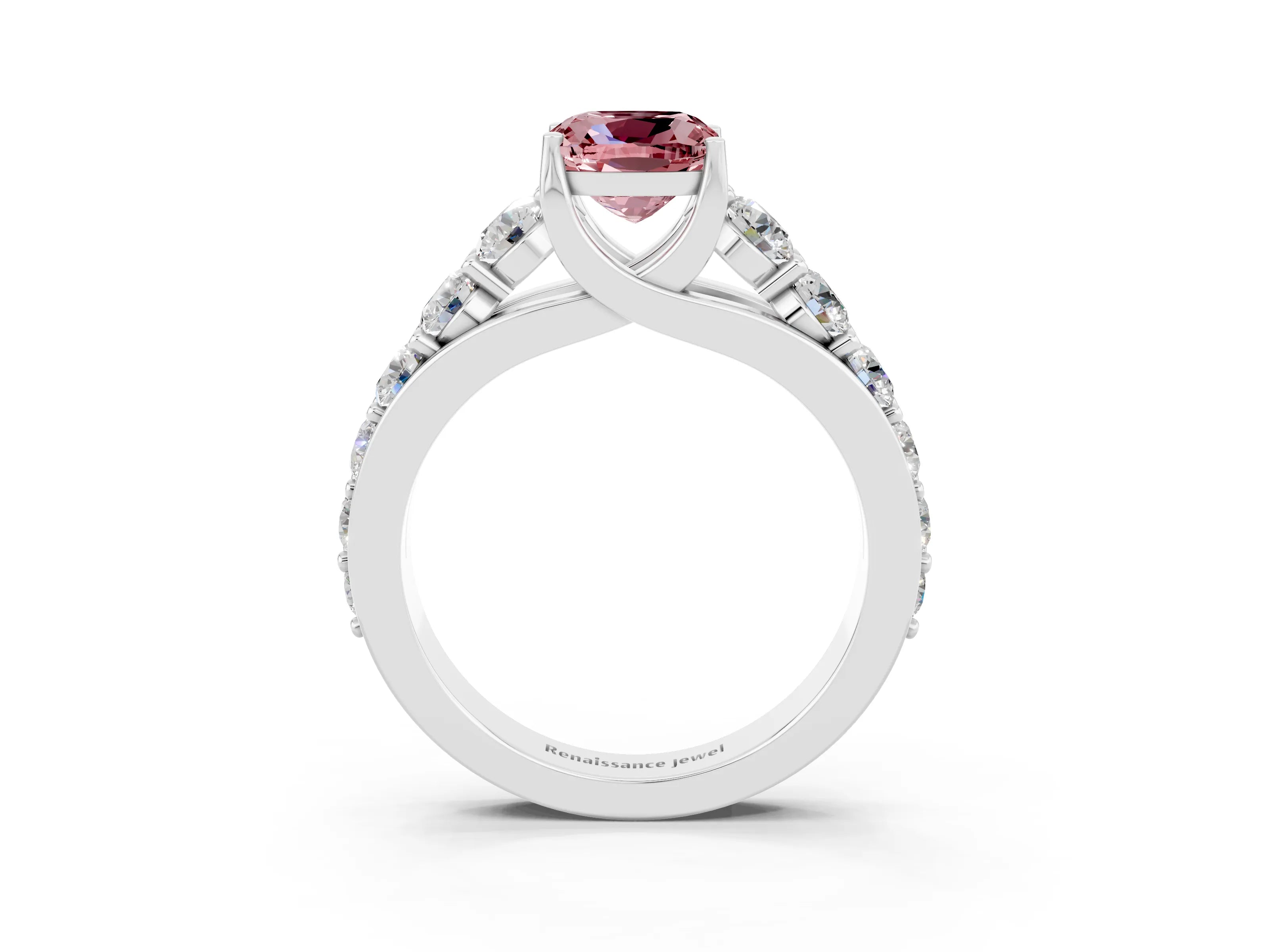 White gold Cushion Cut Morganite Engagement Ring with Pavé Band and Four-Prong Setting_3