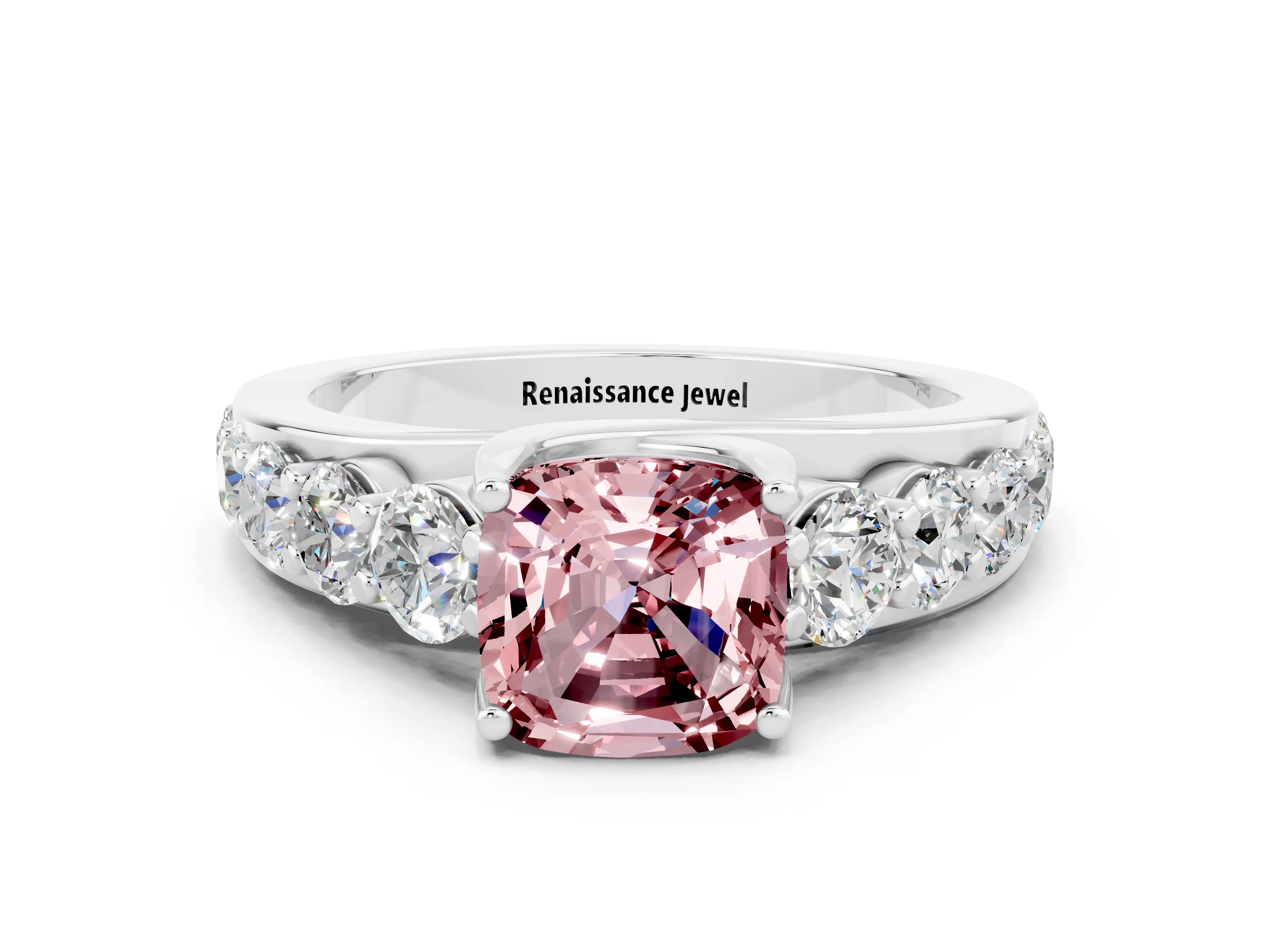 White gold Cushion Cut Morganite Engagement Ring with Pavé Band and Four-Prong Setting